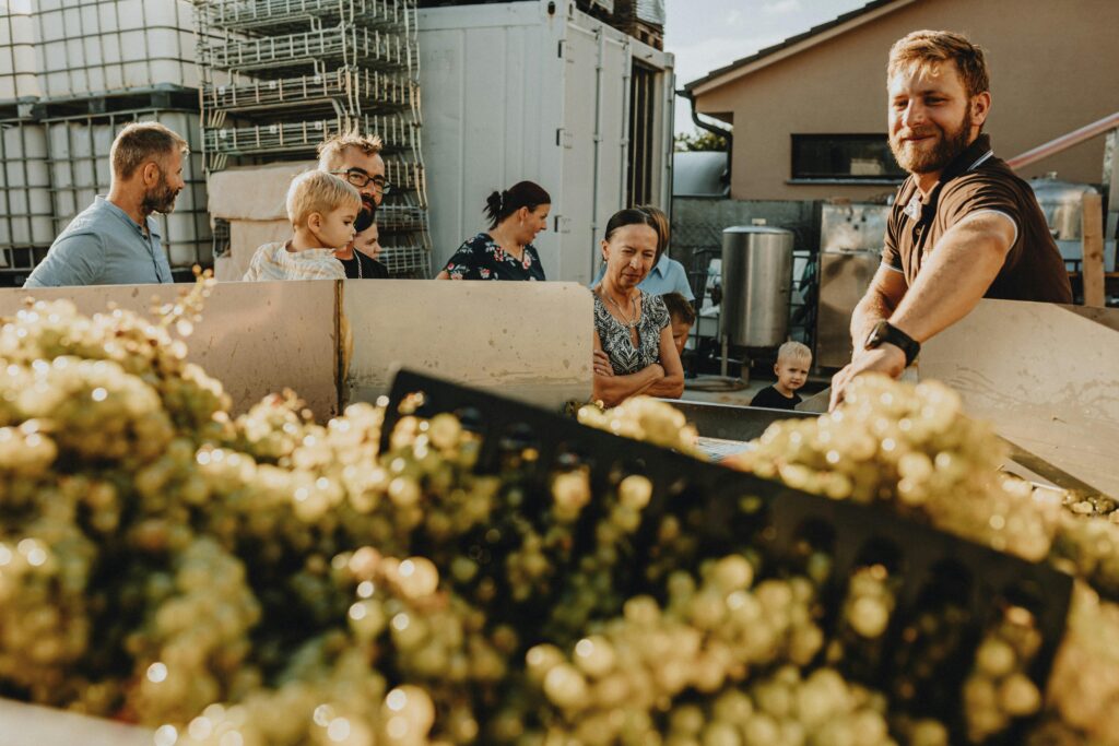 A family watches grapes being processed at a winery on a sunny day.